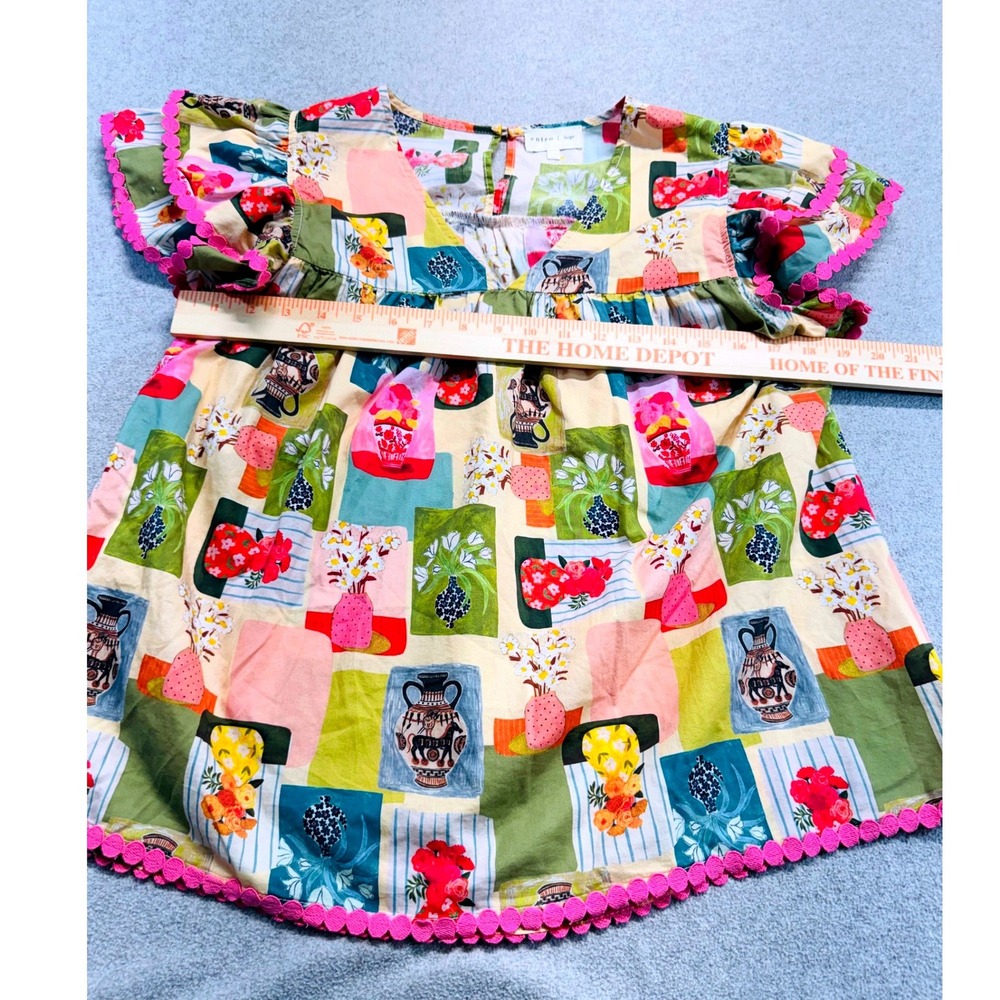 Entro Women's Large Floral Vase Print Babydoll Top Pink Pom Pom Trim Boho Blouse - Picture 8 of 10